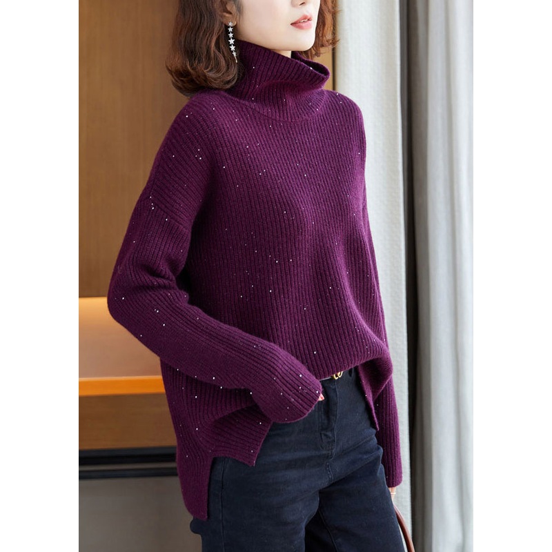 Italian Purple Hign Neck Sequins Knit Pullover Sweaters Winter