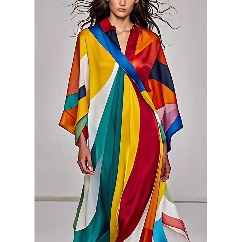 Italian Rainbow Asymmetrical Print Silk Dress Long Sleeve