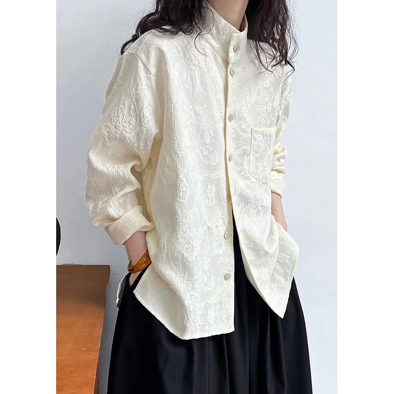 Jacquard Apricot Button Pockets Cotton Blouses Spring