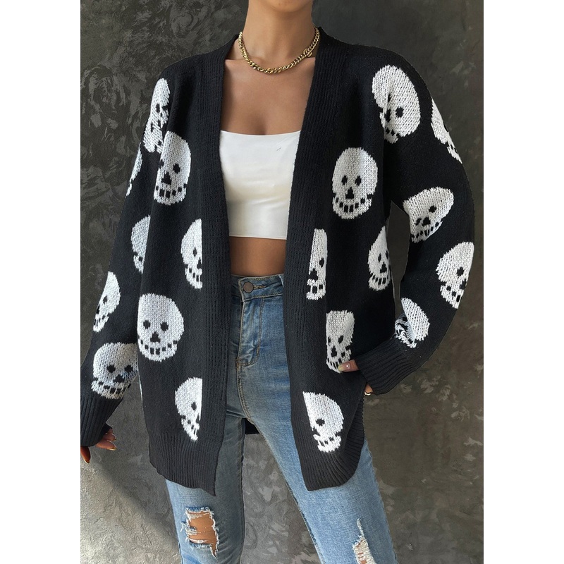 Jacquard Black V Neck Cozy Knit Cardigans Long Sleeve