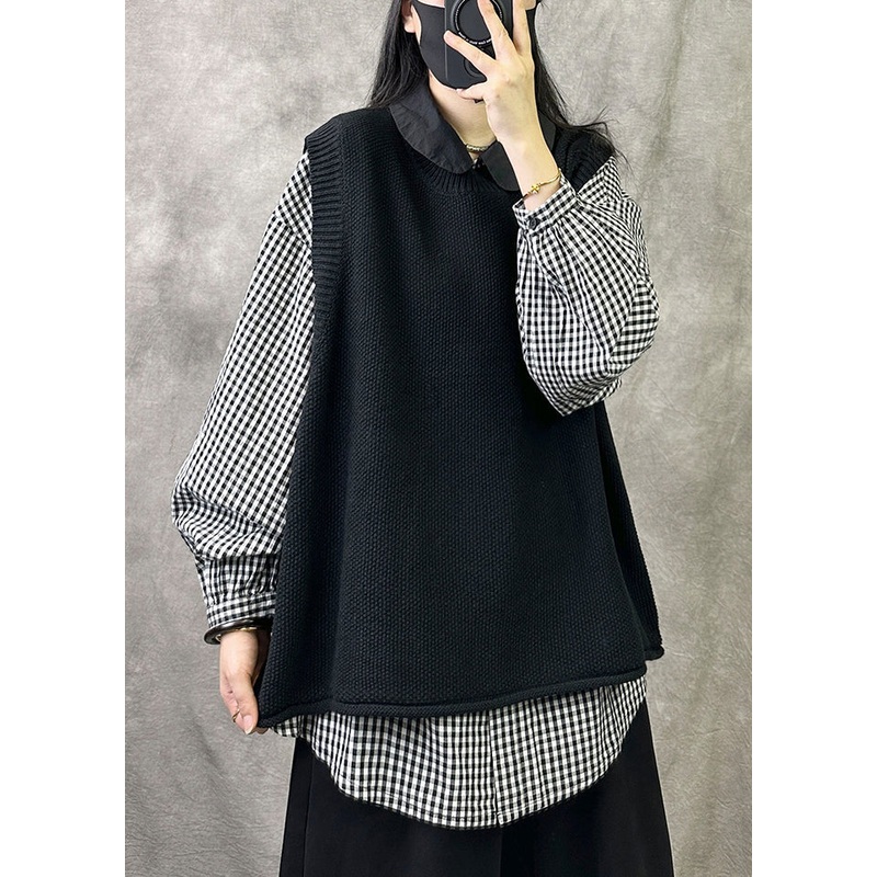 Loose Black O Neck Solid Cozy Knit Waistcoat Sleeveless