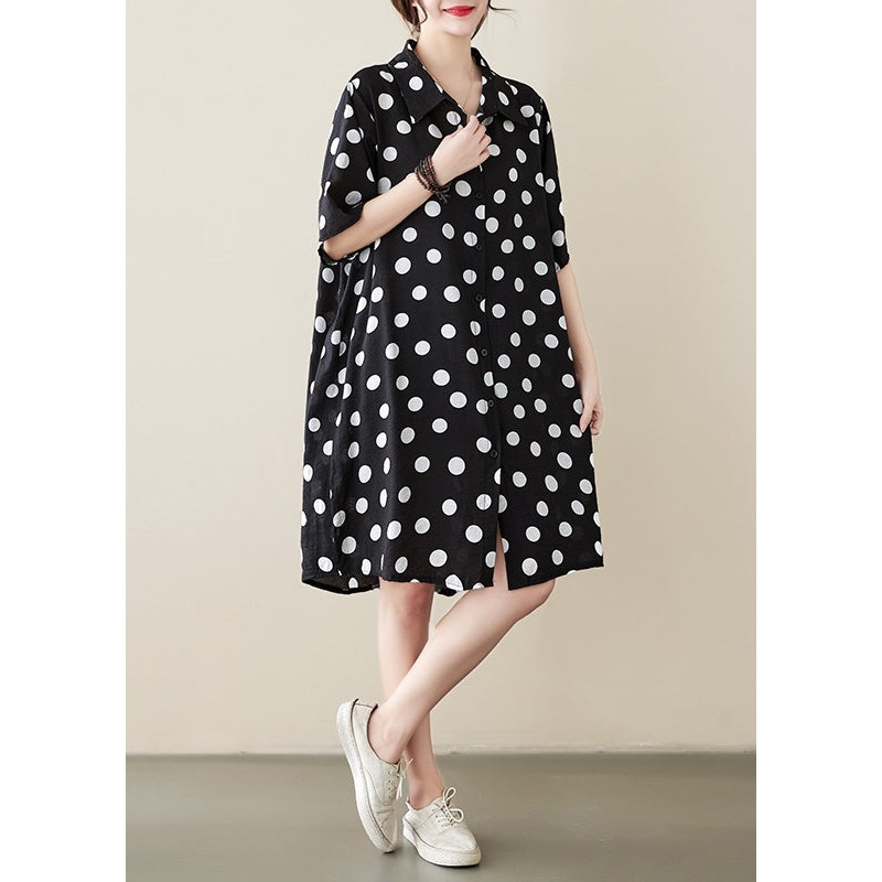 Loose Black Peter Pan Collar Dot Print Cotton Shirts Dress Summer