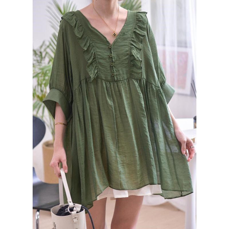 Loose Blackish Green V Neck Ruffled Cotton Shirts Summer