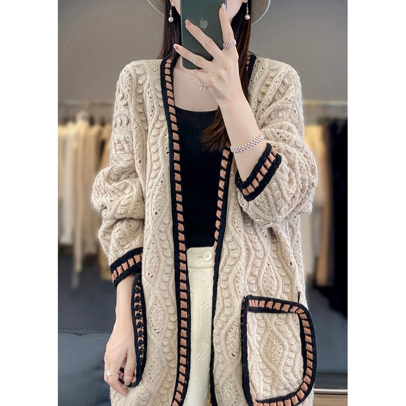 Loose Camel Hollow Out Patchwork Cotton Knit Cardigan Fall