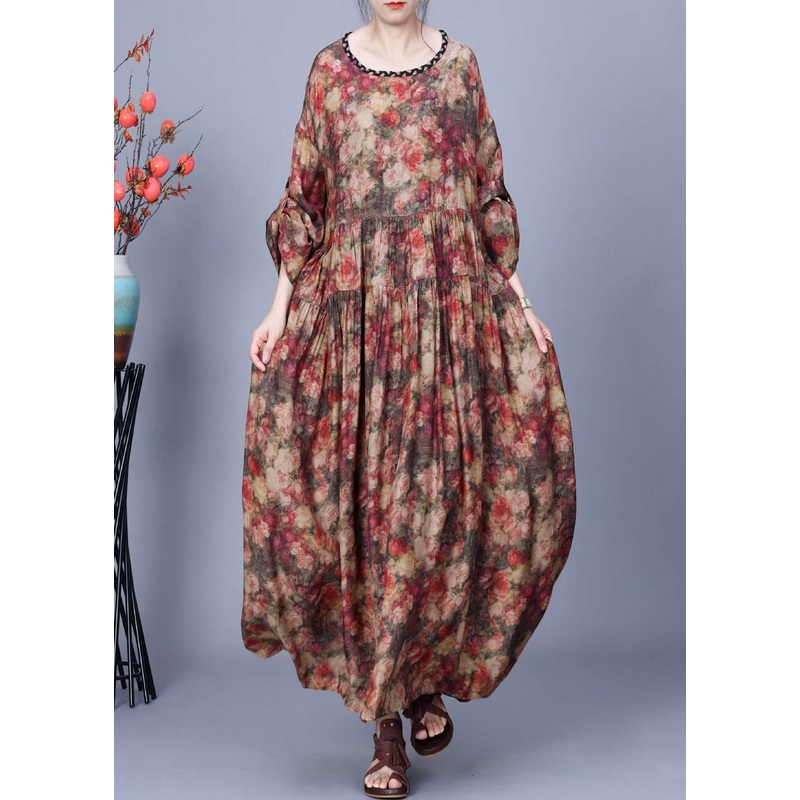 Loose Coffee O Neck Print Wrinkled Silk Long Dress Spring