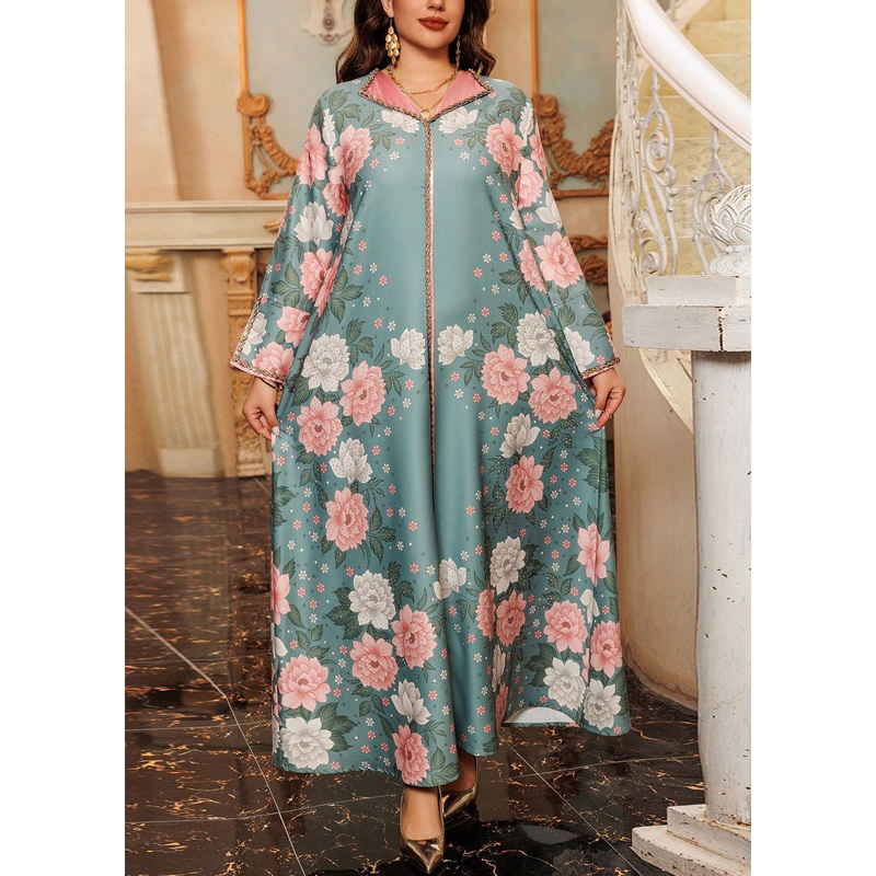 Loose Green Print Zircon Maxi Dresses Fall