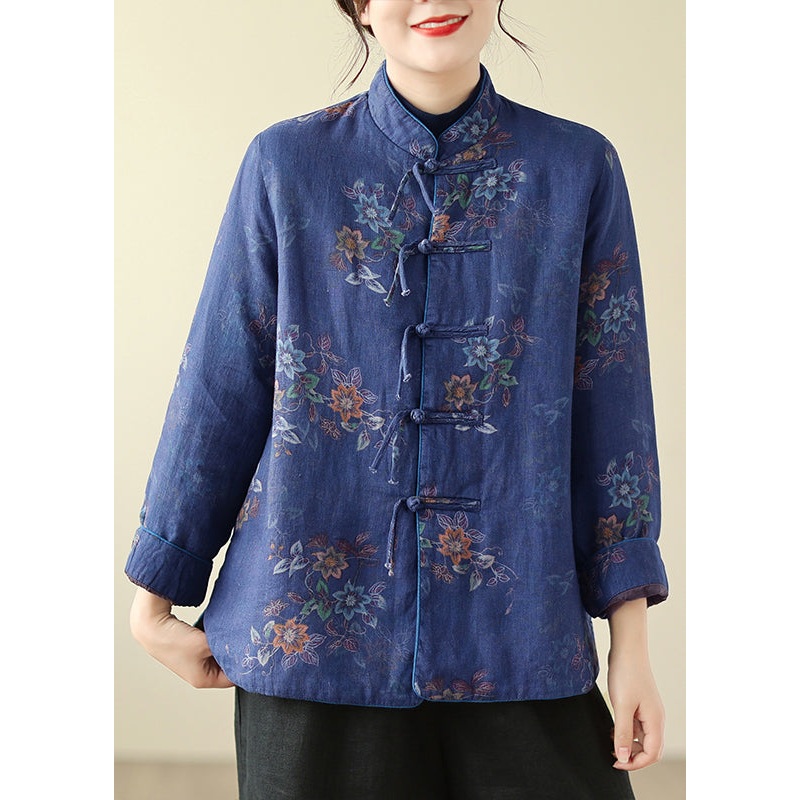 Loose Navy Stand Collar Chinese Button Cotton Filled Parkas Winter