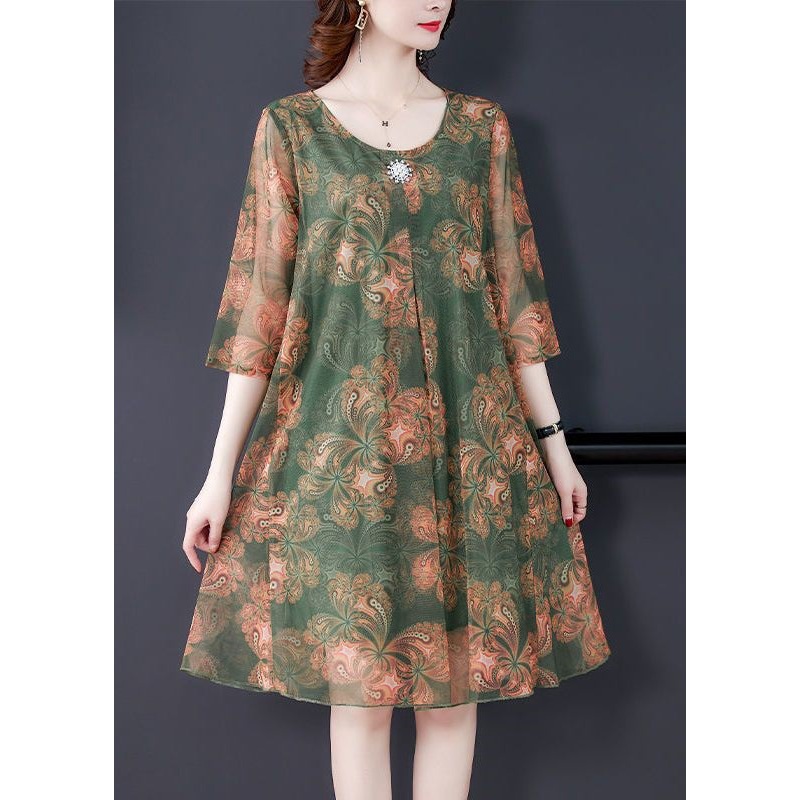 Loose Orange O Neck Print Tulle Dress Summer