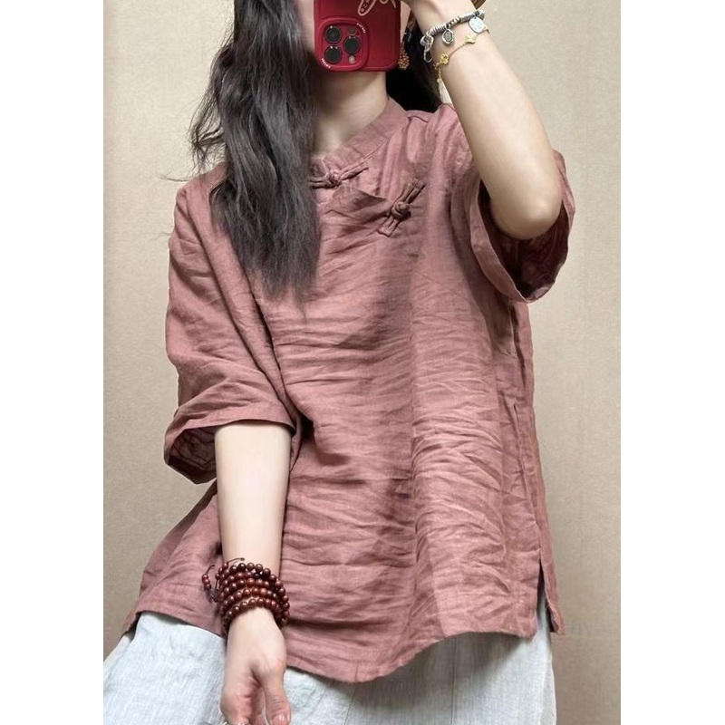 Loose Pink Stand Collar Button Linen Shirts Half Sleeve