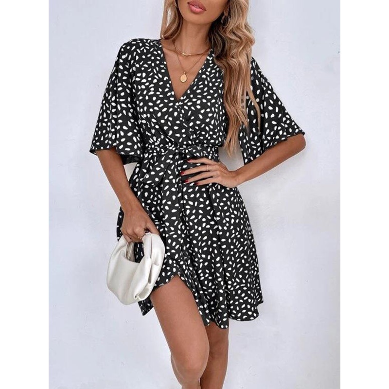 Loose Pleated Printed Ruffled Tied Waist V-Neck Mini Dresses