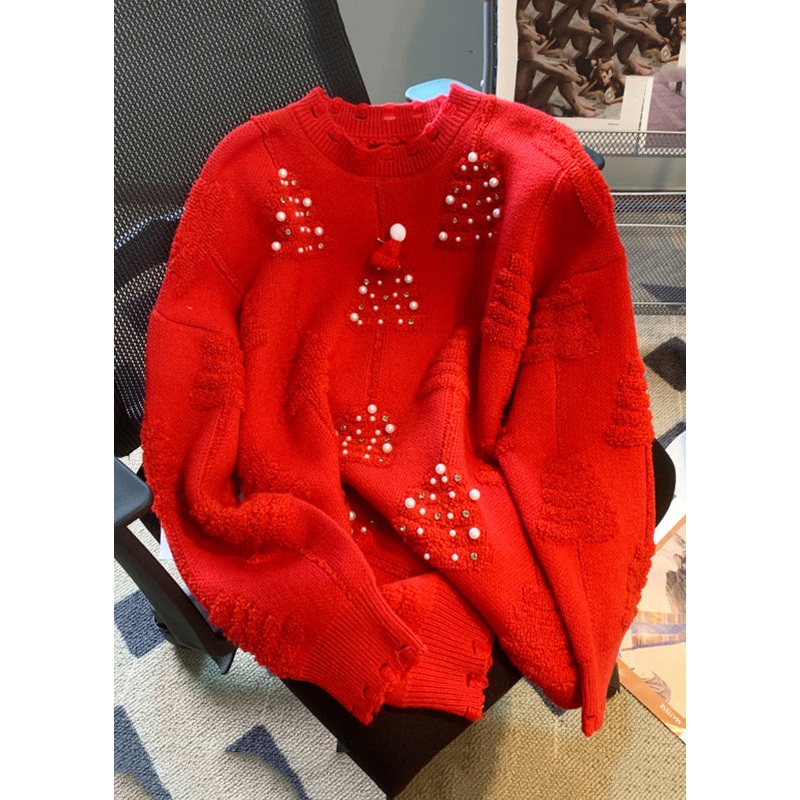 Loose Red O-Neck Nail Bead Patchwork Cotton Knit Sweaters Spring