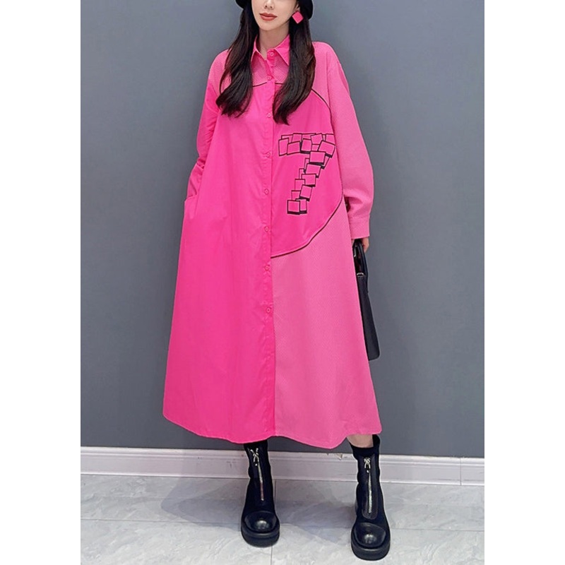 Loose Rose Button Print Patchwork Cotton Shirts Dress Spring