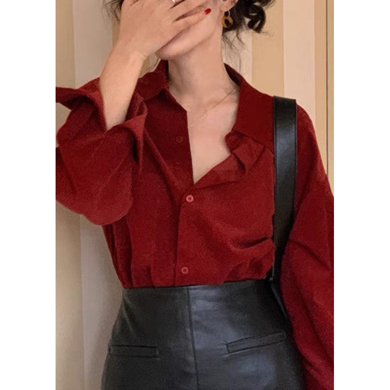 Loose Wine Red Peter Pan Collar Button Corduroy Top Long Sleeve