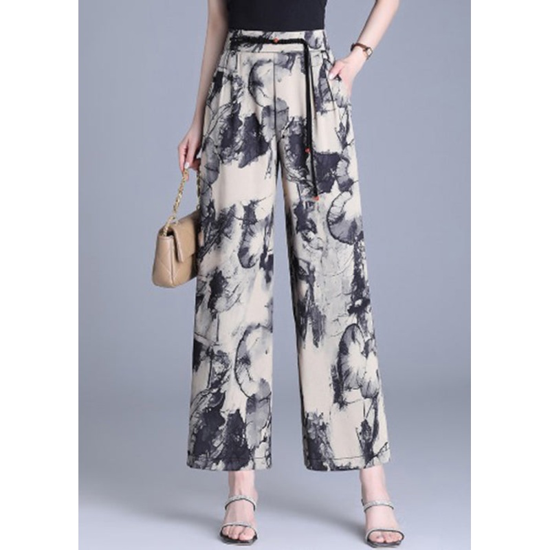 Modern Apricot Tasseled Print Silk Straight Pants Summer