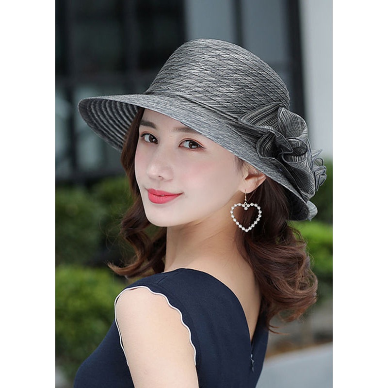 Modern Dark Grey Floral Silk Blended Bucket Hat