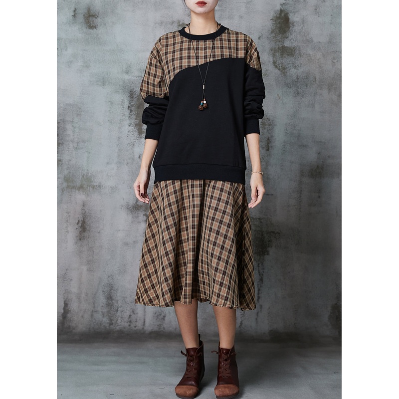 Modern Khaki Plaid Patchwork Cotton Loose Sweatshirts Dress Spring