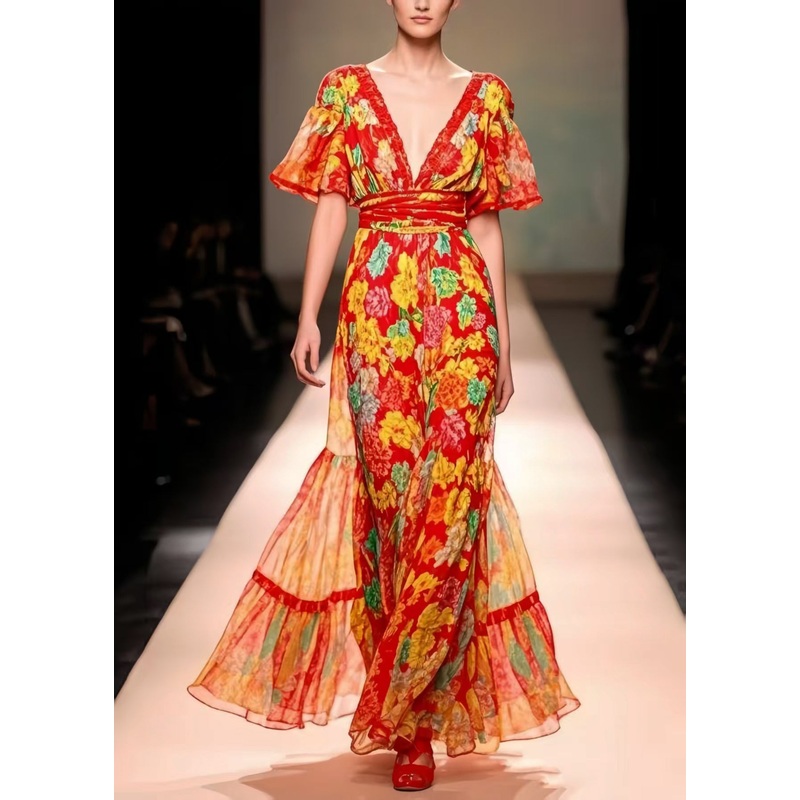 Modern Red V Neck Print Chiffon Party Dress Summer