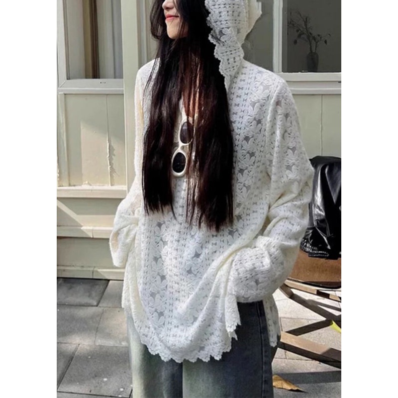 Modern White Floral Hooded Knit Lace Shirts Spring