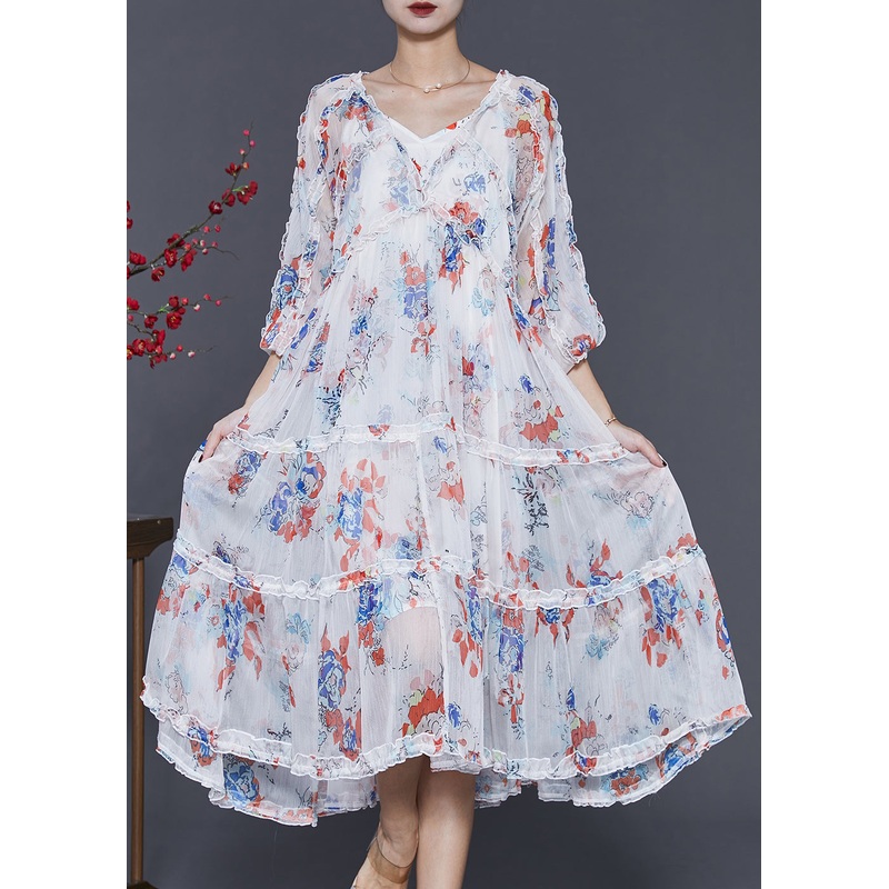Modern White Print Exra Large Hem Chiffon Long Dresses Spring