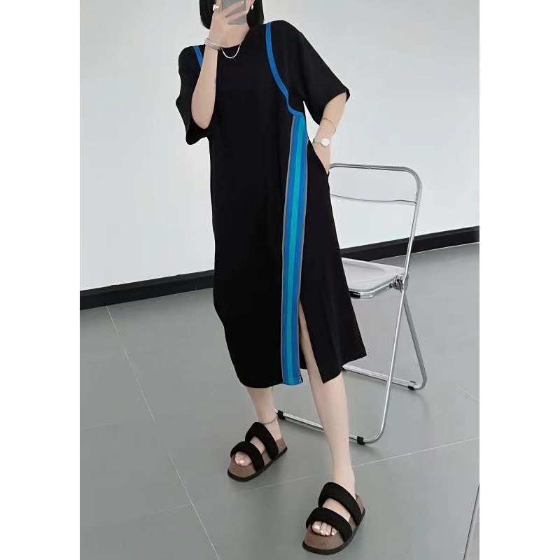 Natural Black O-Neck Asymmetrical Patchwork Cotton Dresses Summer