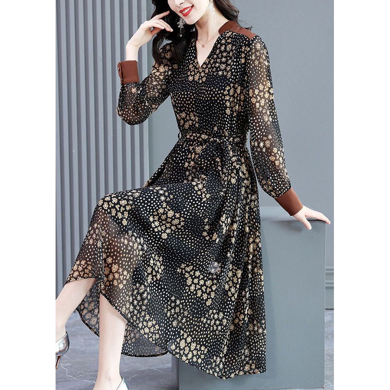 Natural Black V Neck Patchwork Print Silk Mid Dress Spring