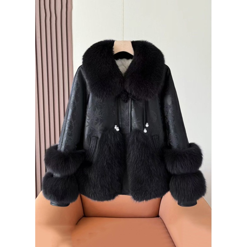 New Black Fur Collar Faux Leather Patchwork Parkas Winter