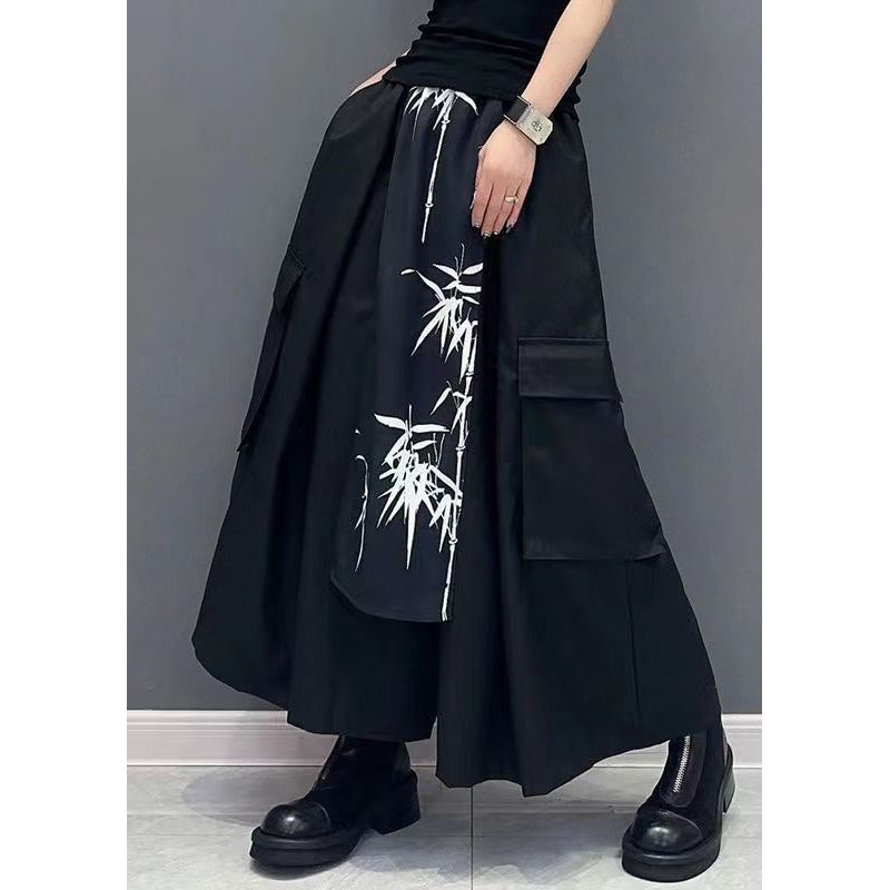 New Black Pockets Elastic Waist Cotton Wide Leg Pants Spring