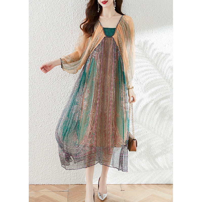New Colorblock V Neck Print Silk Dresses Long Sleeve