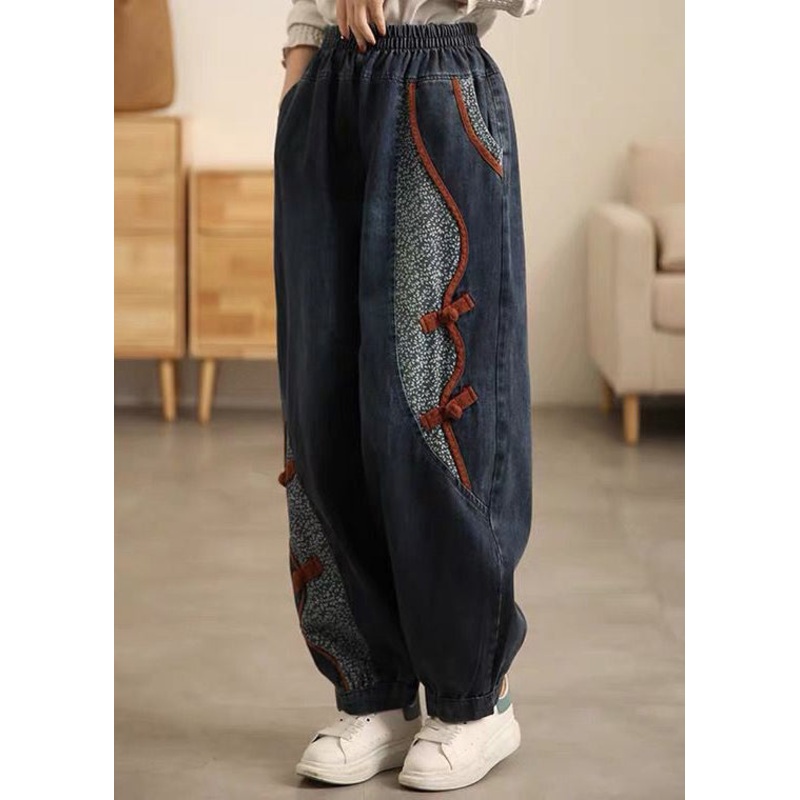 New Denim Blue Pockets Elastic Waist Patchwork Crop Pants Fall