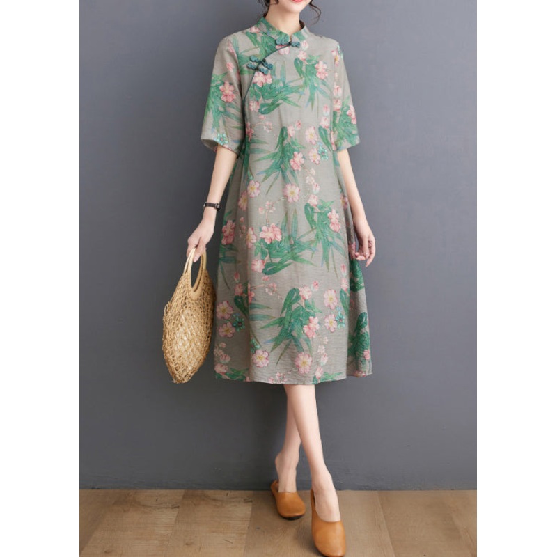 New Grey Stand Collar Print Cotton Dress Half Sleeve