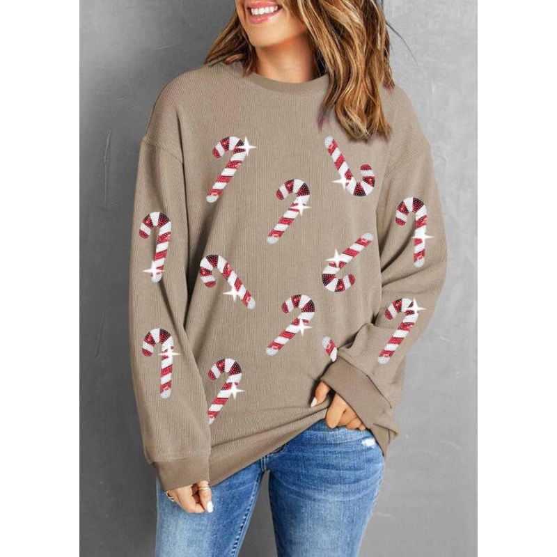 New Khaki Sequins Loose Cotton Sweatshirt Long Sleeve