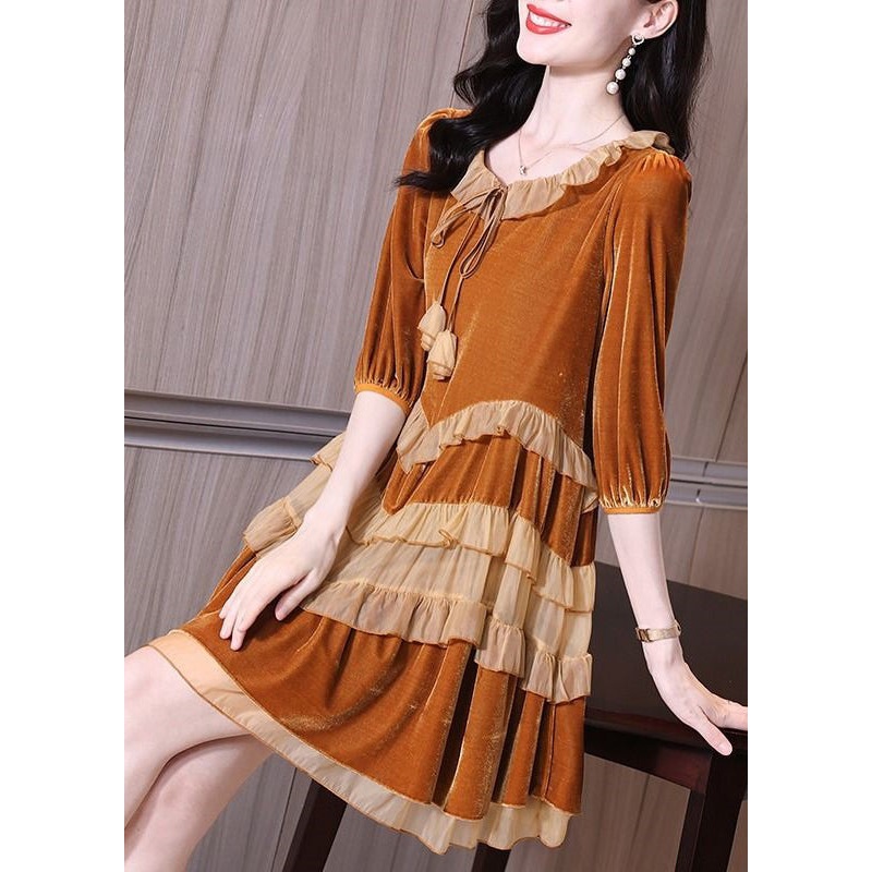 New Orange Lace Up Ruffled Velour Mid Dresses Spring