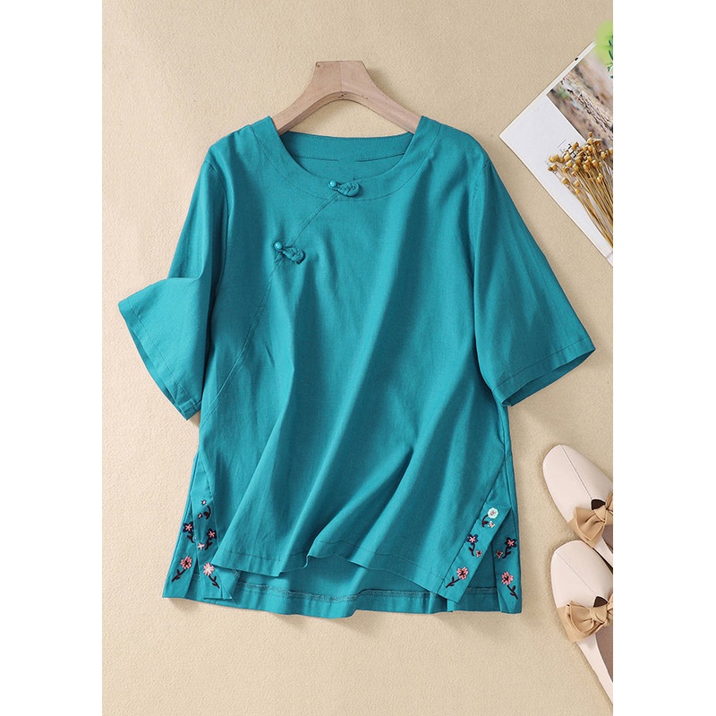 New Peacock Blue Embroidered Side Open Cotton T Shirt Summer