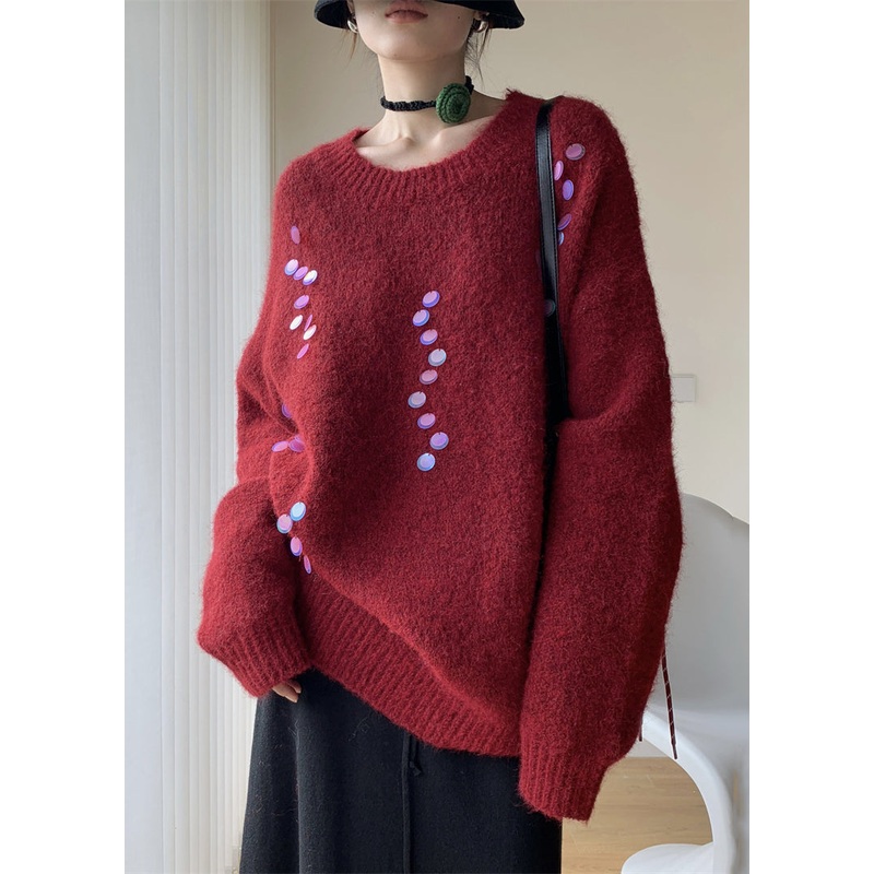New Red O Neck Sequins Thick Cotton Knit Sweaters Winter