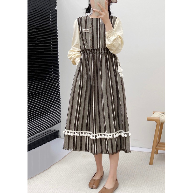 New Striped Ruffled Pockets Lace Up Cotton Dress Sleeveless