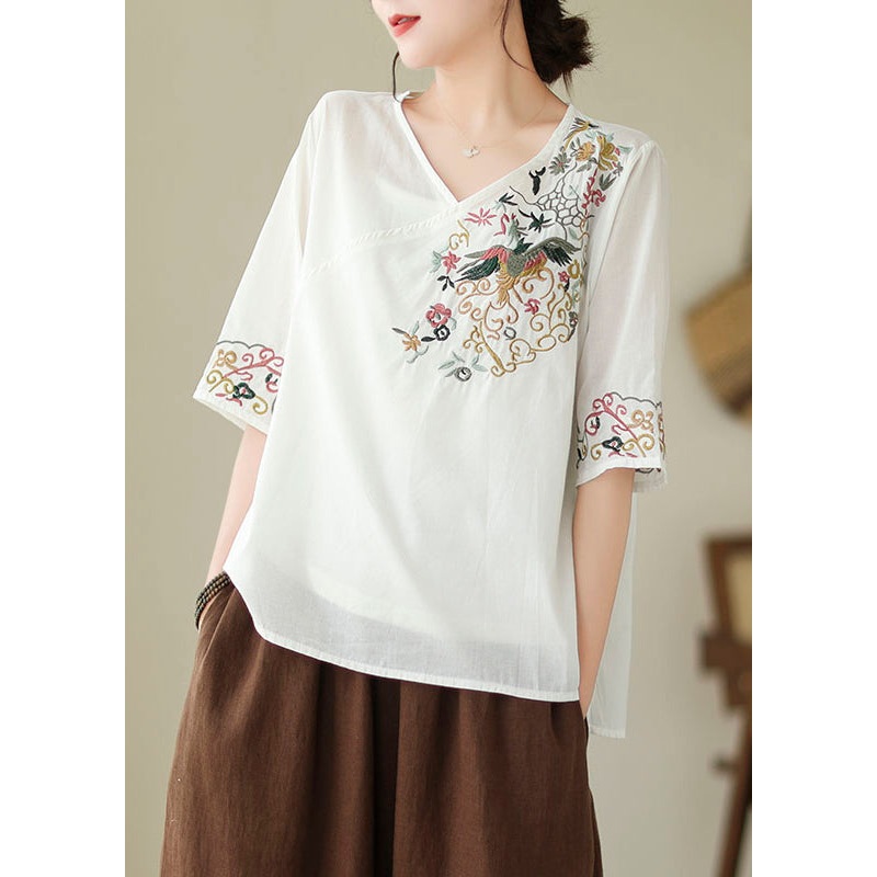 New White V Neck Embroidered Cotton Shirt Summer