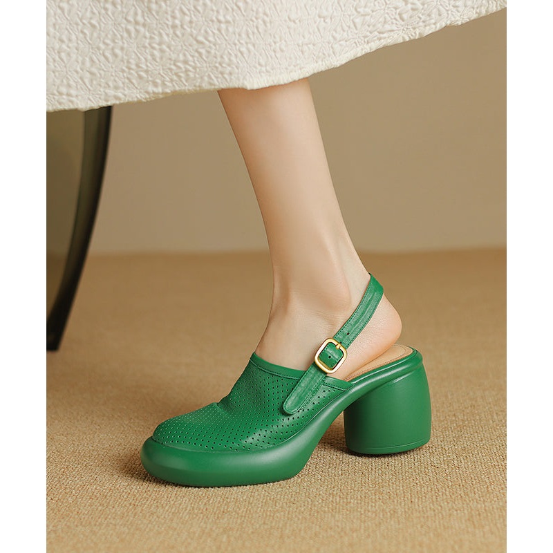 Novelty Green Hollow Out Splicing Buckle Strap Chunky Sandals