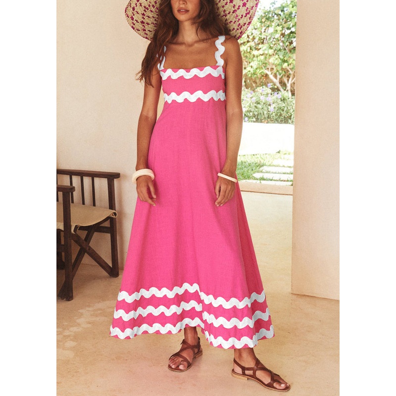 Novelty Pink Print High Waist Patchwork Cotton Dresses Summer