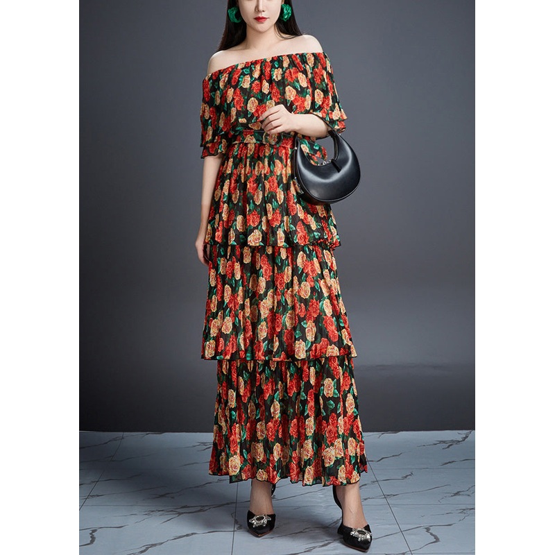 Novelty Red Slash Neck Print Cotton Long Dress Summer