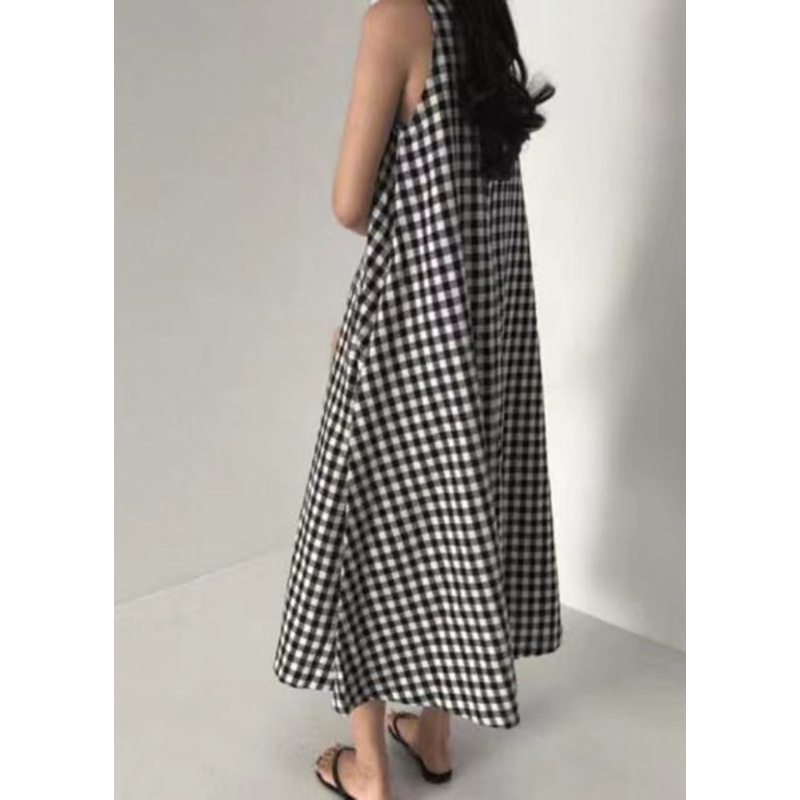 Original Design Black O Neck Plaid Cotton Long Dress Sleeveless