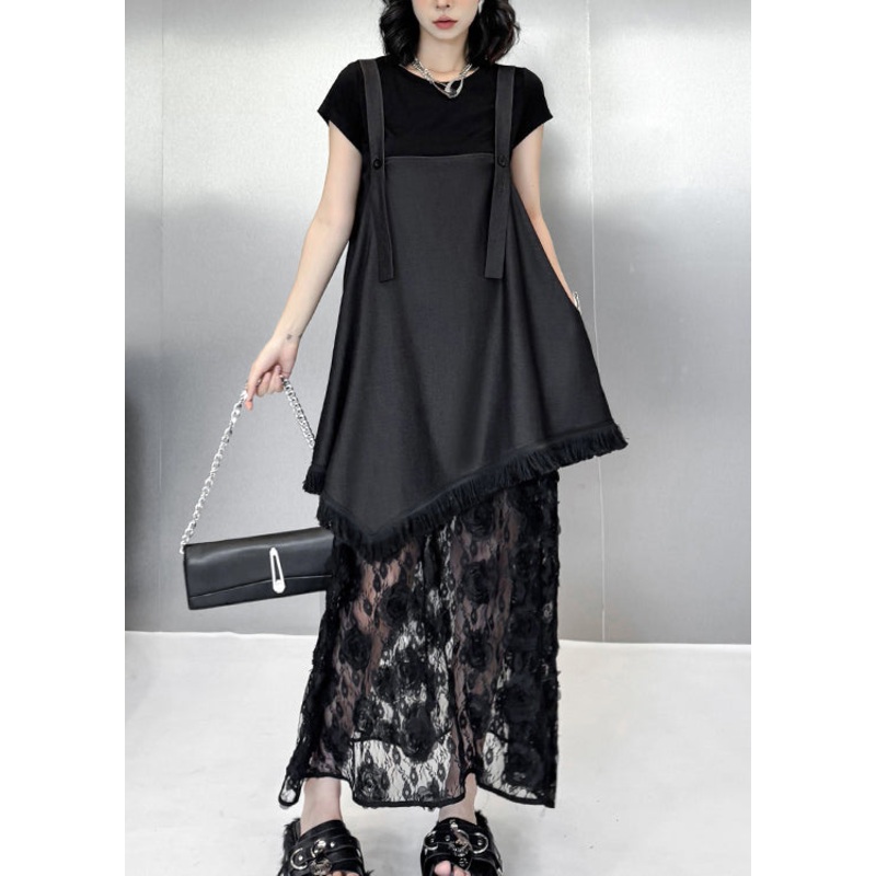 Original Design Black Ruffled Lace Strap Dress Summer