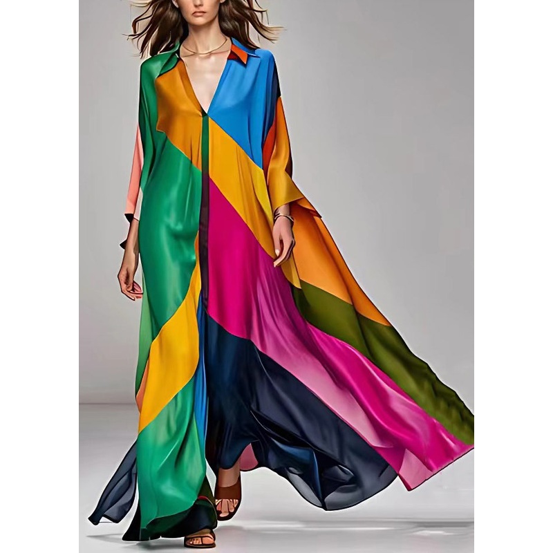Original Green V Neck Patchwork Silk Maxi Dress Long Sleeve