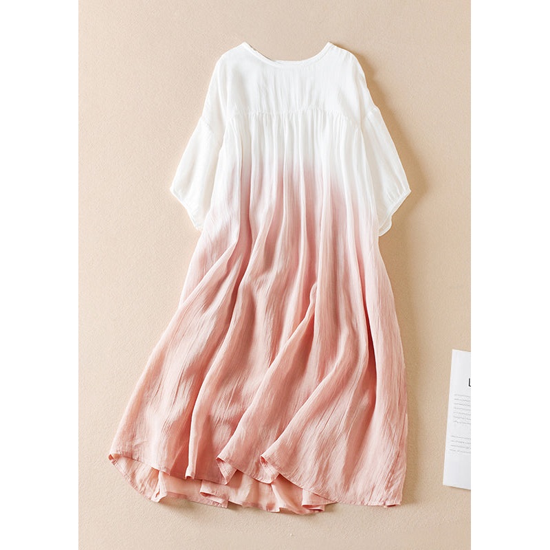 Original Pink Gradient O Neck Wrinkled Cotton Long Dress Half Sleeve