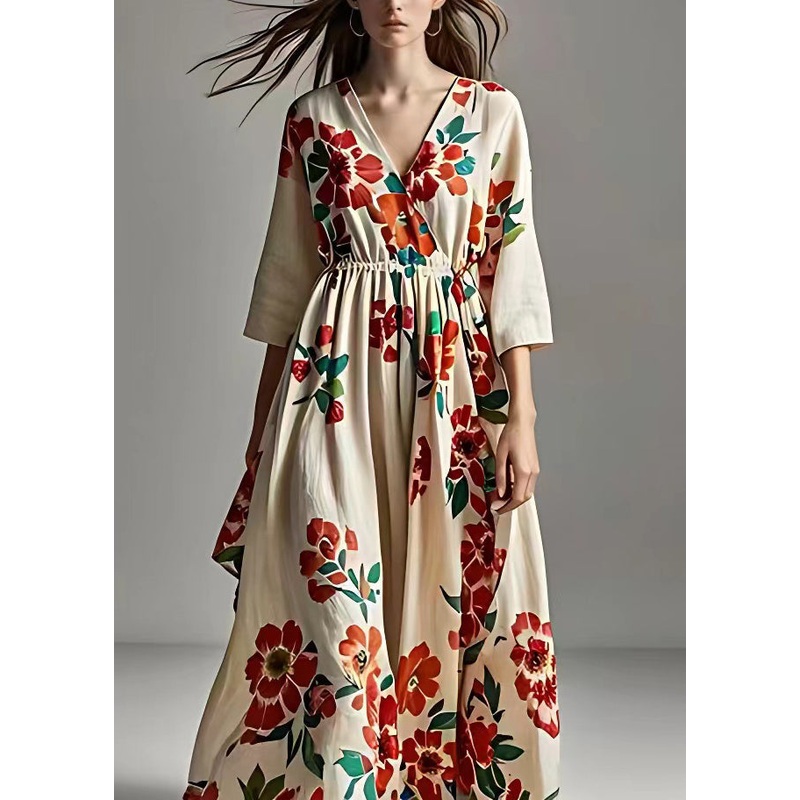 Plus Size Beige V Neck Print Cotton Long Dresses Bracelet Sleeve