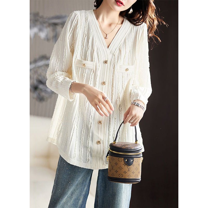 Plus Size Beige V Neck Wrinkled Pockets Cotton T Shirt Long Sleeve