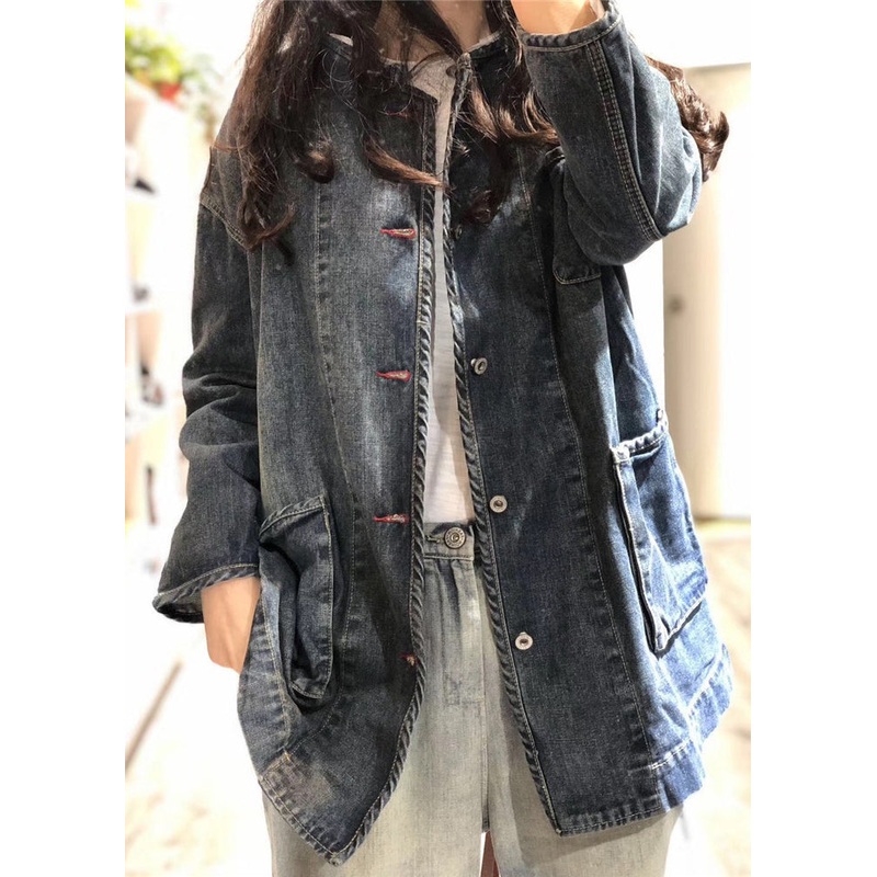 Plus Size Blue O Neck Pockets Button Patchwork Denim Coat Fall