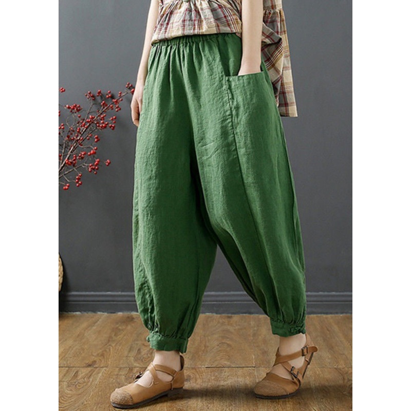 Plus Size Green Pockets Elastic Waist Cotton Harem Pants