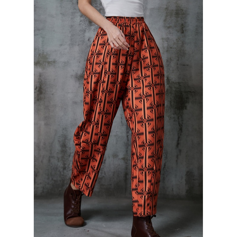 Plus Size Orange Oversized Print Cotton Pants Summer