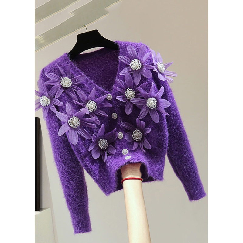 Purple Floral Ma Hai Mao Thick Cotton Knit Sweater V Neck Winter
