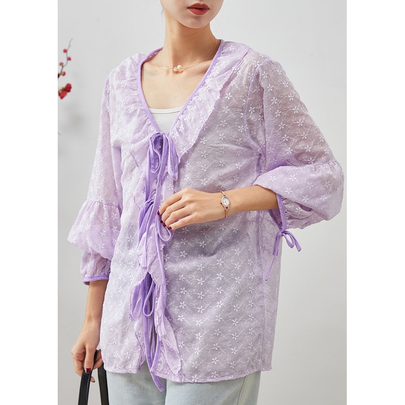 Purple Lace Shirt Tops Embroidered Ruffles Spring